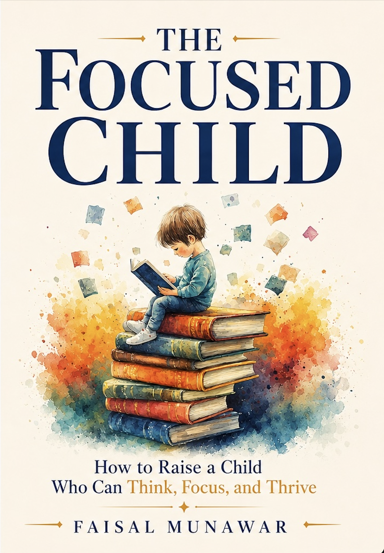 The Focused Child book cover: a child reading atop a stack of old books surrounded by watercolor color